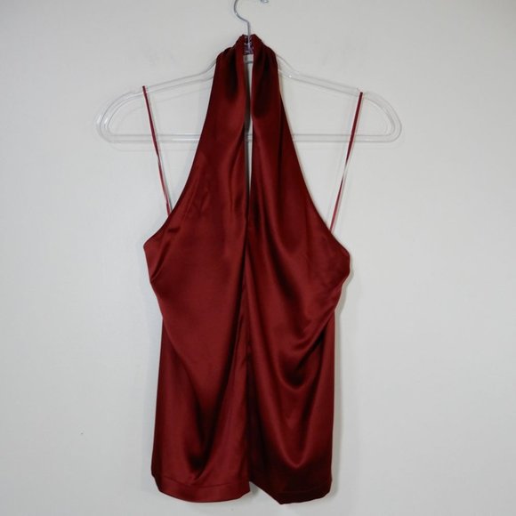 Theory Ertil Cross Front Halter Top Size P Stretch Satin SILK Red Dahlia NEW - Picture 6 of 12